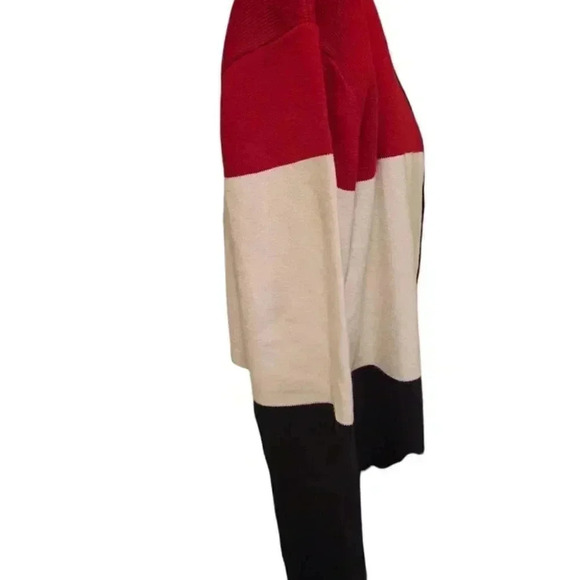 Fine  Knit Sweater Cardigan Jacket in panels of Red White and Black Med - Picture 2 of 6